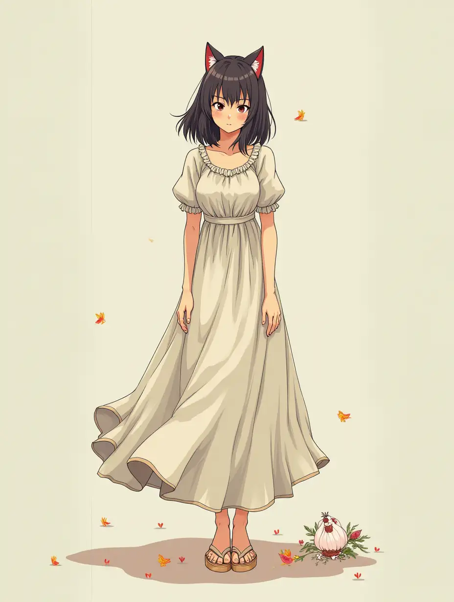 A relaxed illustration in the style of Makoto Shinkai, featuring a woman in her twenties, a long, slow-paced dress with cat ears, and a soothing atmosphere. Full body shot.