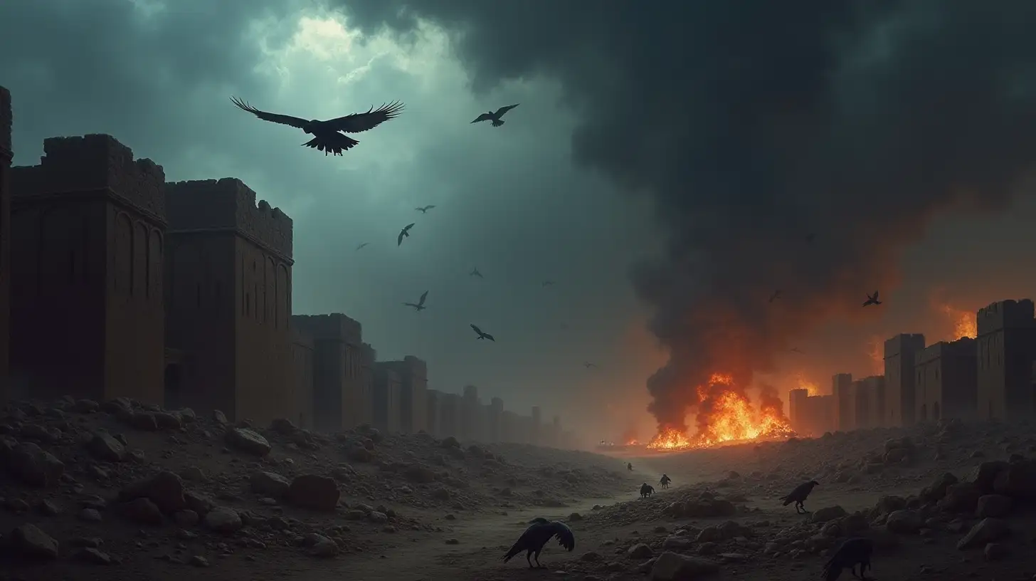 Dramatic Depiction of the Fall of Nineveh with Dark Stormy Skies