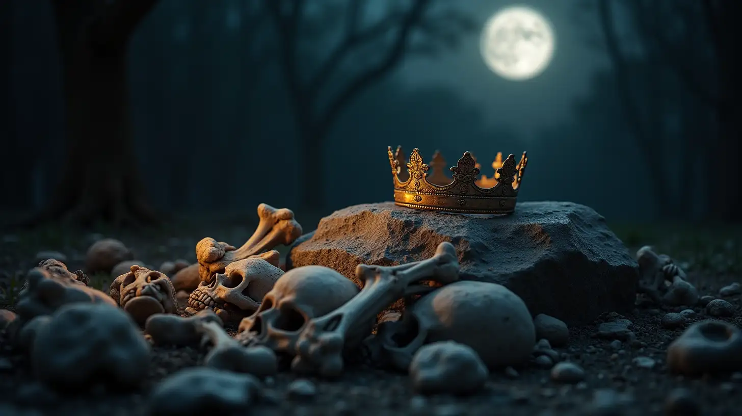 Collection of Peoples Bones with Kings Crown at Moonlit Grave