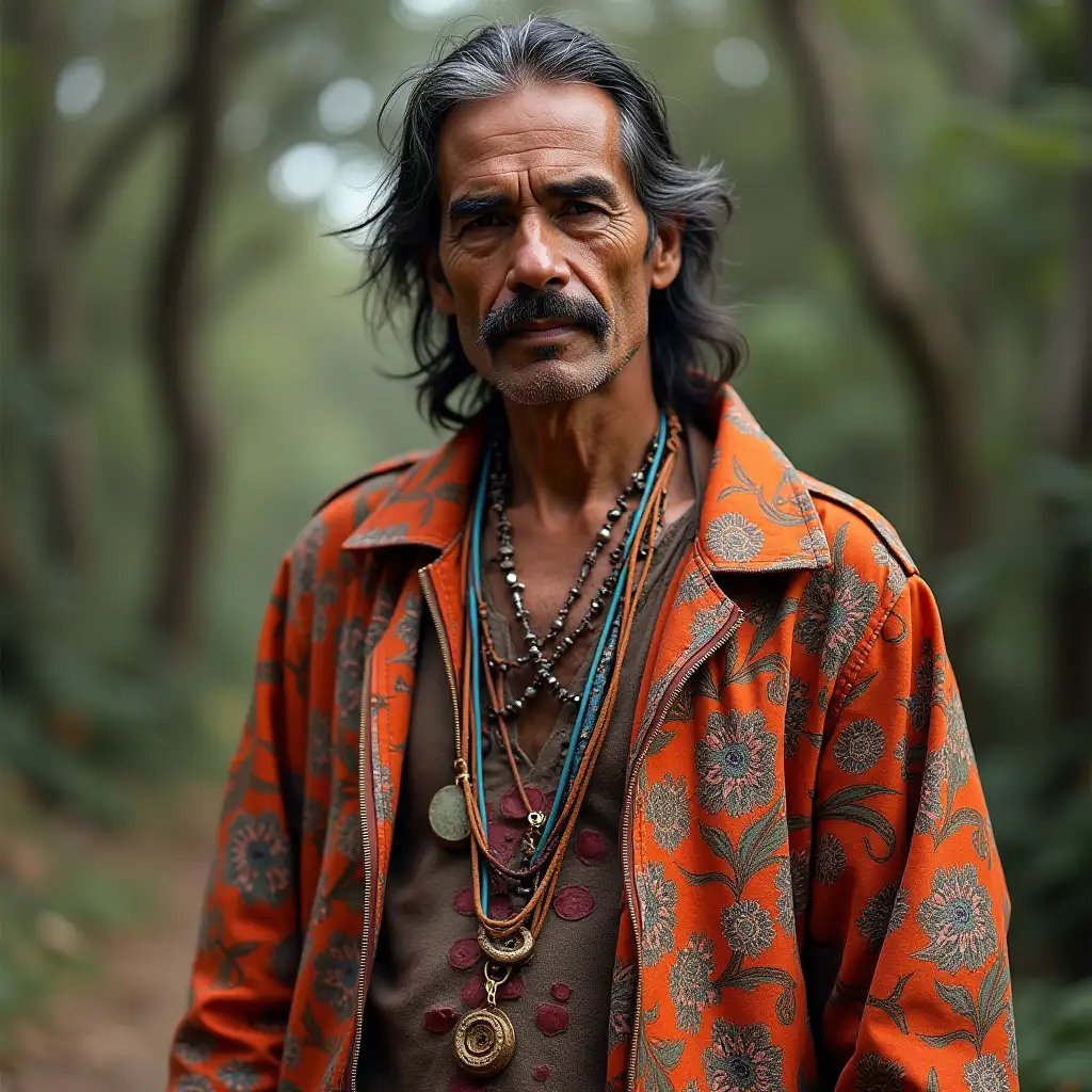 Vintage-Hippie-in-Floral-Jacket-Against-Indian-Backdrop