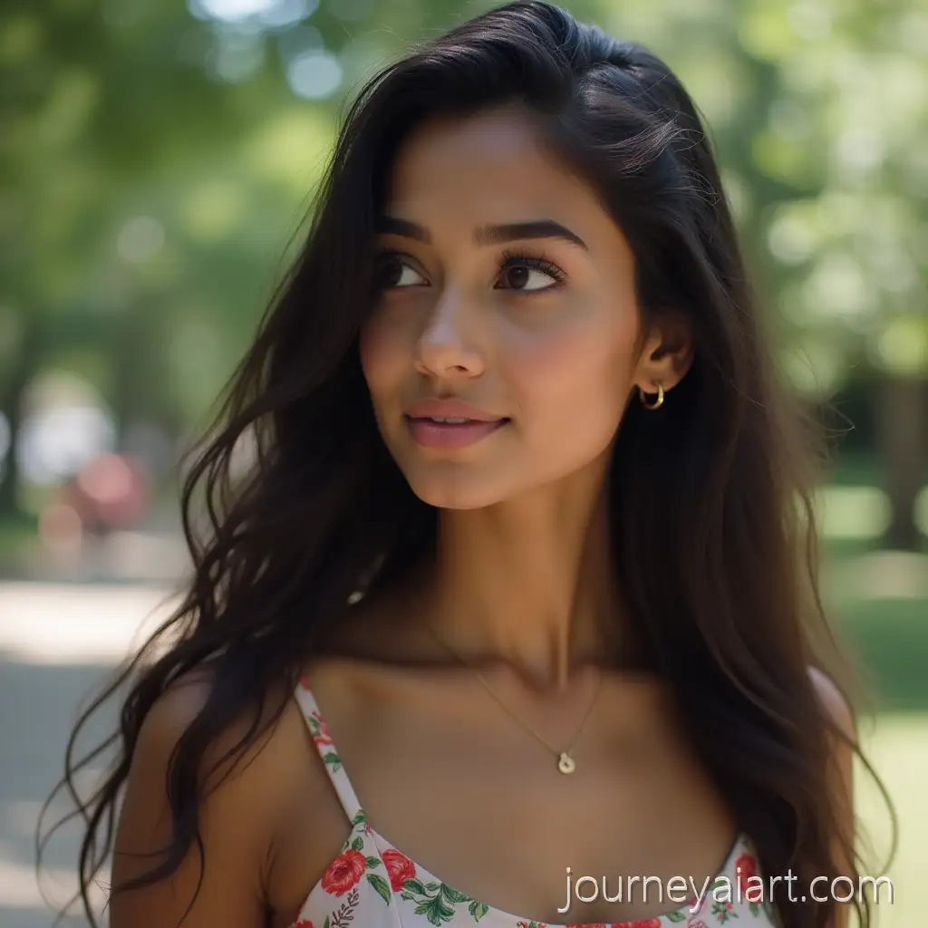 Contemplative-South-Asian-Woman-in-Floral-Sundress-Outdoors