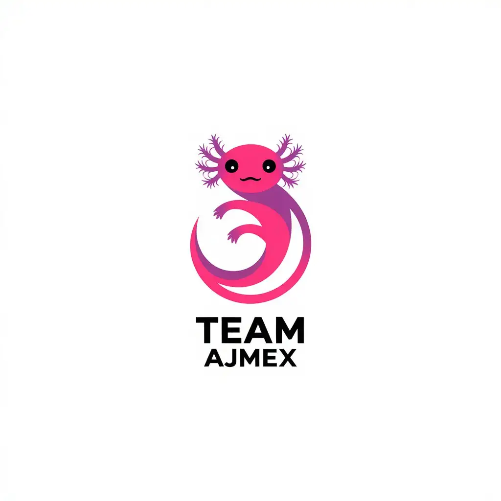 a vector logo design,with the text "Team AjMex", main symbol:logo of a axolotl that forms a circle with its body, that has a color palette in pink, purple, black,,Minimalistic,be used in Entertainment industry,clear background