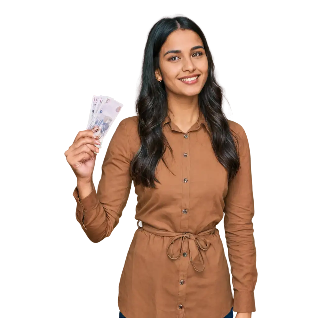 Indian-Young-Female-Model-Holding-Rupees-in-Hand-HighQuality-PNG-Image-for-Versatile-Use