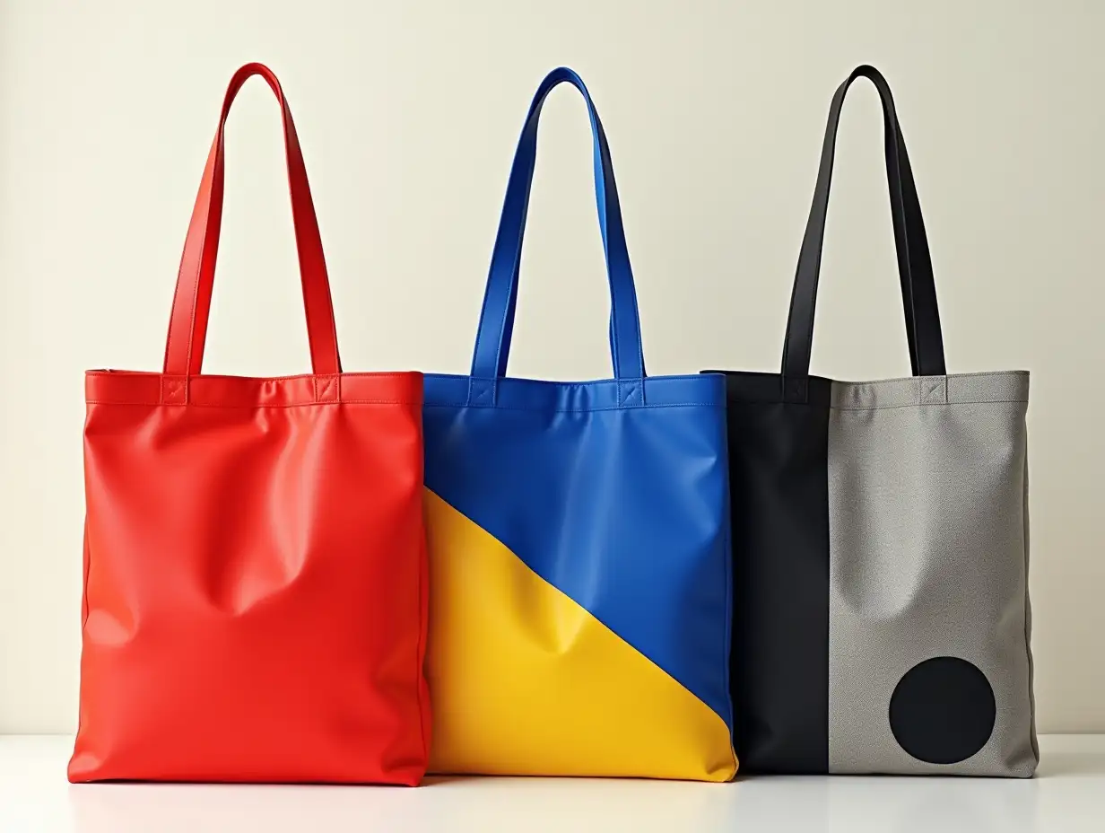 An artistic composition featuring three tote bags arranged side by side, each in a unique Pantone color inspired by Bauhaus art style. The first bag is solid-colored in vibrant red, the second features bold geometric patterns in blue and yellow, and the third is textured with abstract shapes in muted gray and black. The bags showcase clean, angular lines and strong contrasts, blending functionality with Bauhaus aesthetics. The background is minimal, with a neutral gradient to emphasize the bags' design and vibrant colors. Highly detailed, artistic, eye-catching, very attractive, 128k uhd