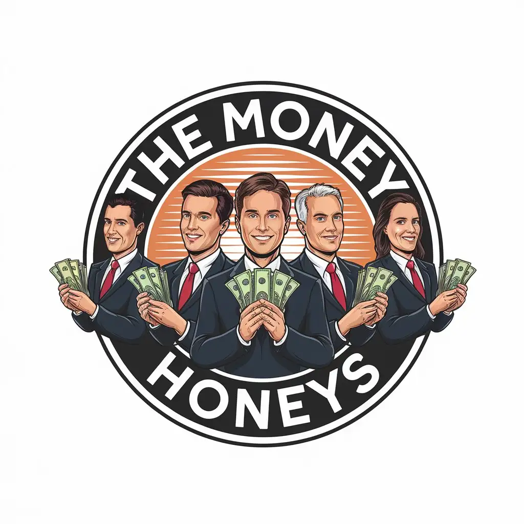 a vector logo design,with the text "The Money Honeys", main symbol:create a circular 2d flat vector logo design for a team of financial advisors with a great sense of humor each holding a wad of money, white background,Moderate,clear background