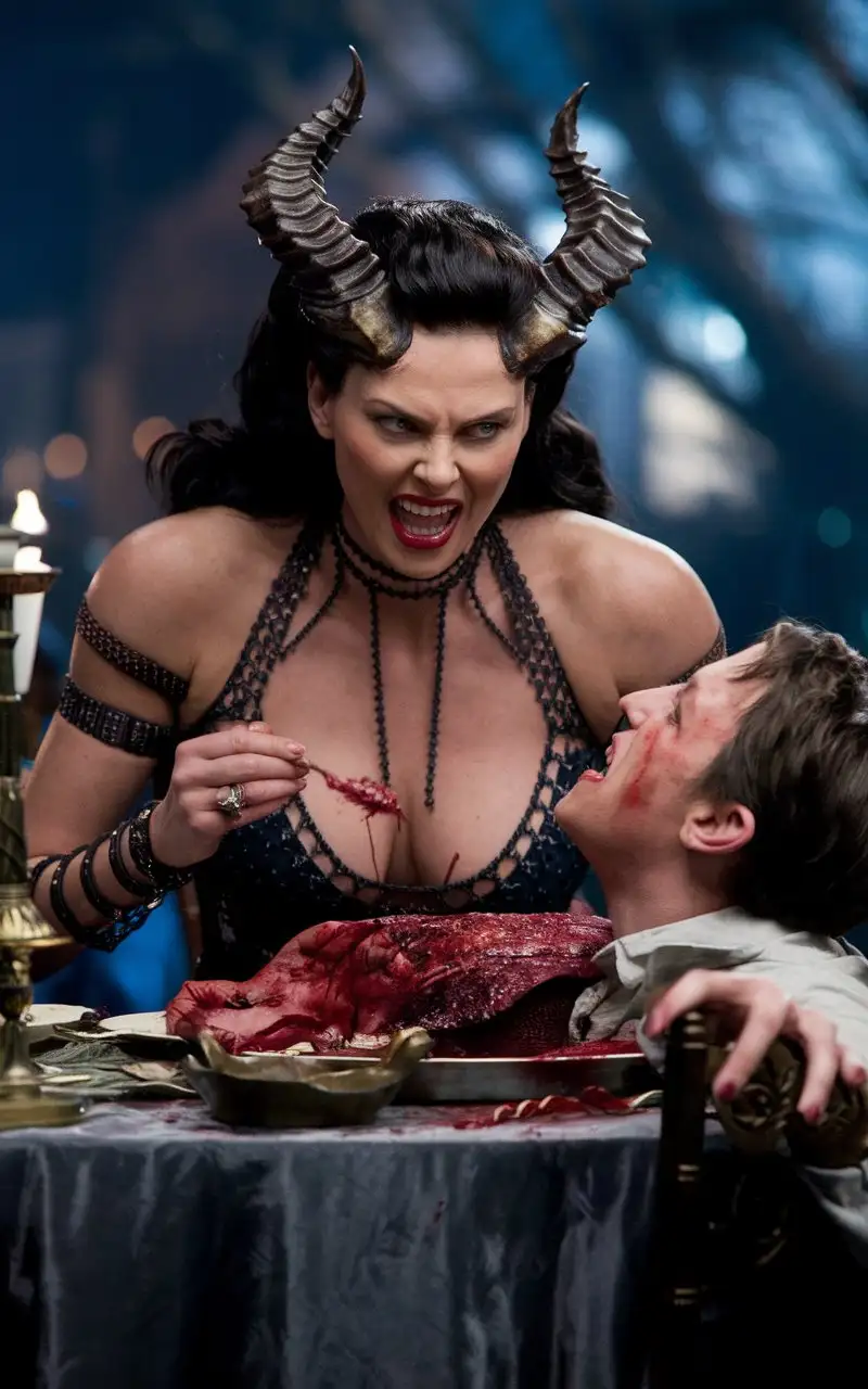  Evil Angry Very beautiful monster Charlize Theron with sharp horns, In Sandals with high heels, a very huge mouth with the sharpest teeth and deep neckline sit at a high table,  indulging in a grisly feast of a young man.  Very aggressive look, cinematic, photo , 4k