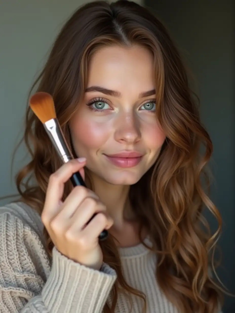 PhotoRealistic portrait of a young Russian girl blogger. Shows a makeup brush to the camera. Good quality, 8k