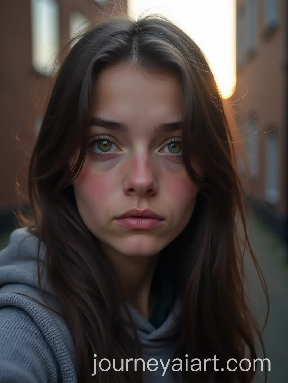 Welsh-Teenage-Girl-in-Alley-at-Sunrise-Hoodie-and-Tired-Eyes-Selfie