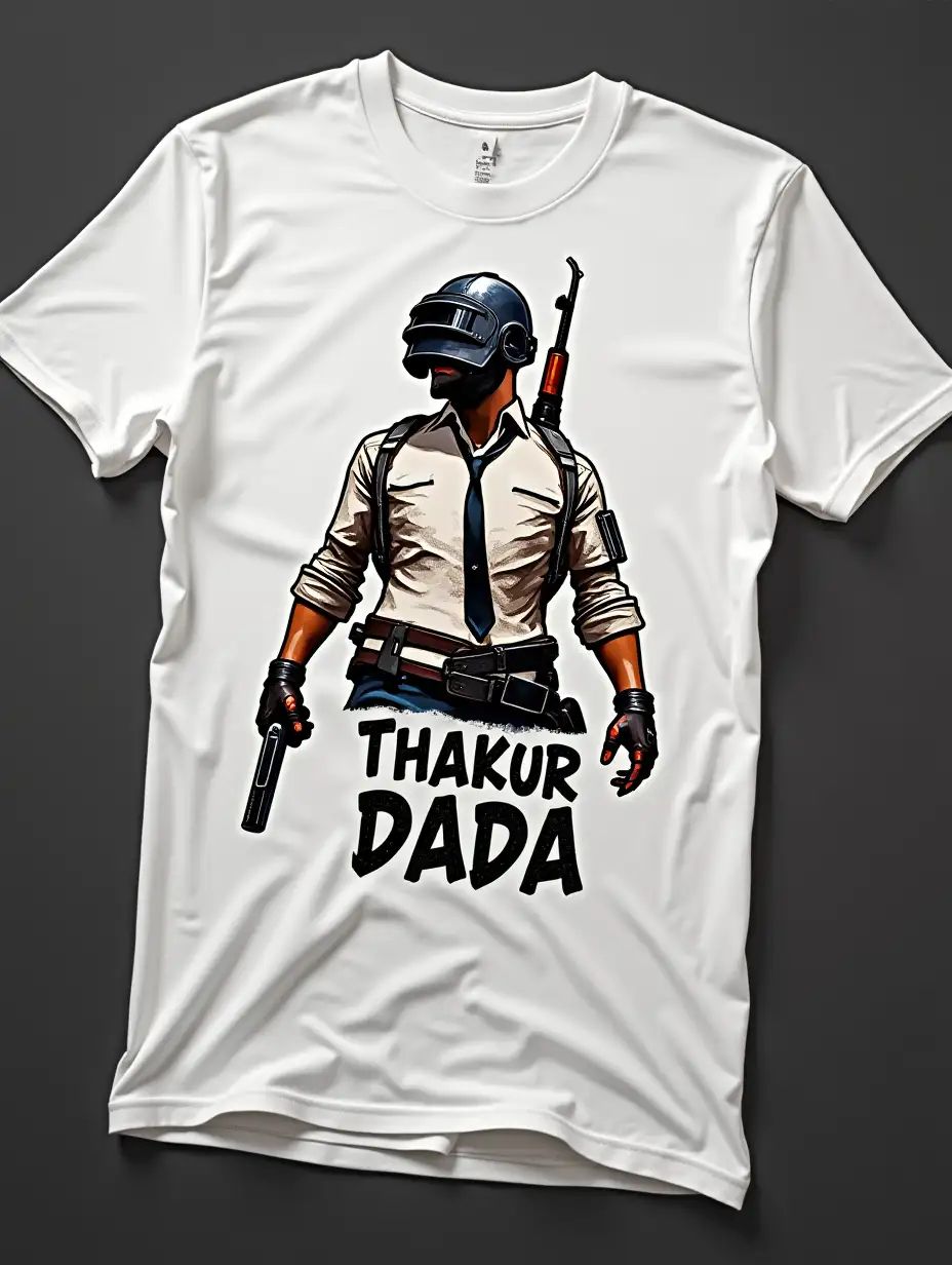 a white t shirt with Thakur dada written on it There is a picture of a Pubg character, warrior on it