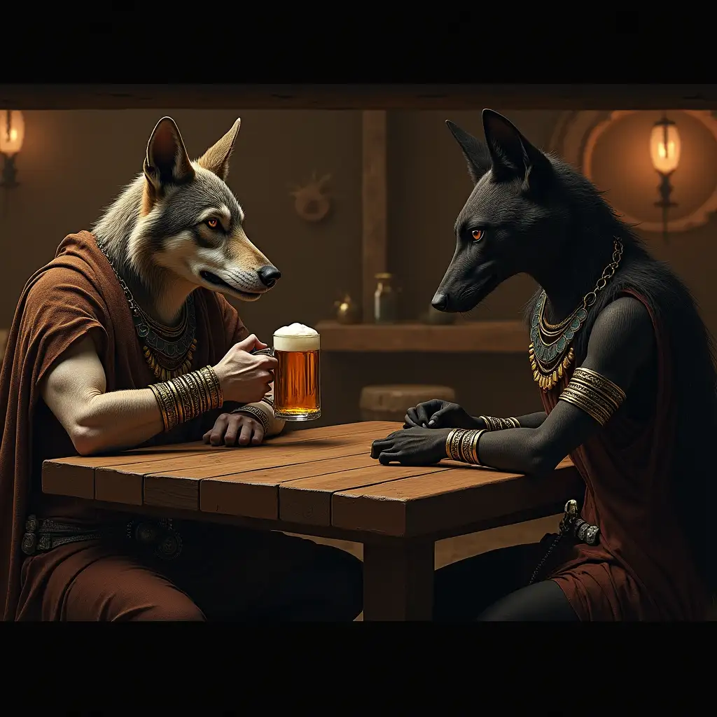 A man with a wolf's head, wearing a tattered robe, sitting at a rustic wooden table, drinking a mug of beer, alongside Anubis, an Egyptian god with black jackal features, adorned with ornate jewelry and a flowing gown, in a dimly lit tavern filled with ancient artifacts.