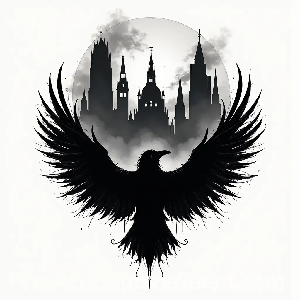 Monochromatic-Graffiti-Logo-Design-for-Astra-Dharma-Records-Featuring-Raven-Silhouettes-and-a-Burned-City-Background