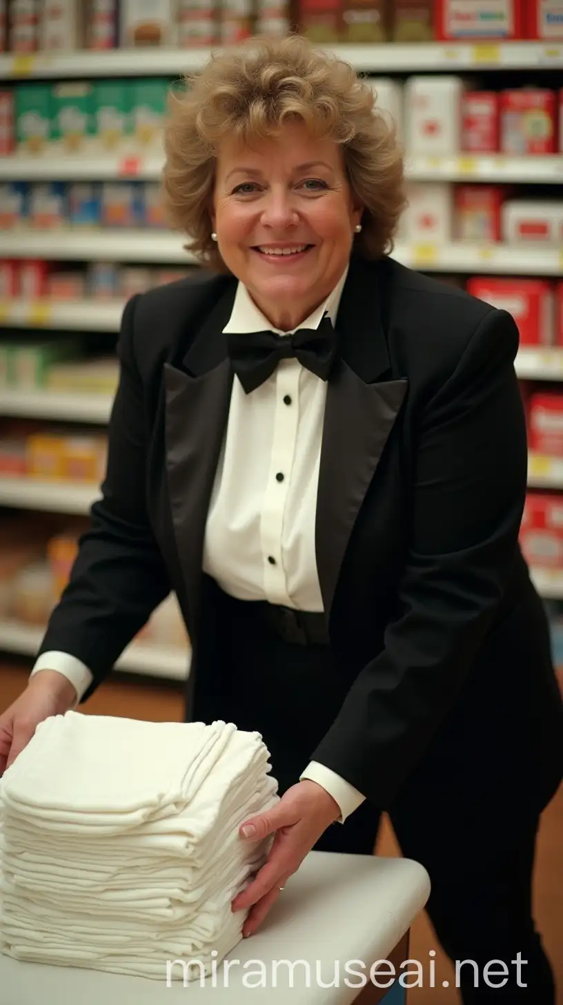 (photo realistic), (sweet laughing middle-aged larger plump full-figured body type with large wide hips)) ((Caucasian female woman)), ((with short dark blonde curly 1980s hair with curly bangs)), (wearing a very formal orchestra concert tuxedo) with ((black long sleeve high cut cropped Eton jacket)), ((((white tuxedo shirt, with tight high standing wingtip collar, and many thick vertical pleats front)))), (((black diamond point bow tie with black thick adjustable neckband))), black cummerbund, ((black tight high cut spandex briefs)), nylons, ((looking at viewer, bending over a white padded changing table while presenting a stack of large bright white folded plastic backed thick disposable diapers in her hand)), ((with a large sized white and red plastic rounded box package of 1980s Huggies FIT-EMS DIAPERS on the changing table)), in a supermarket for a product demonstration, (close up front view).