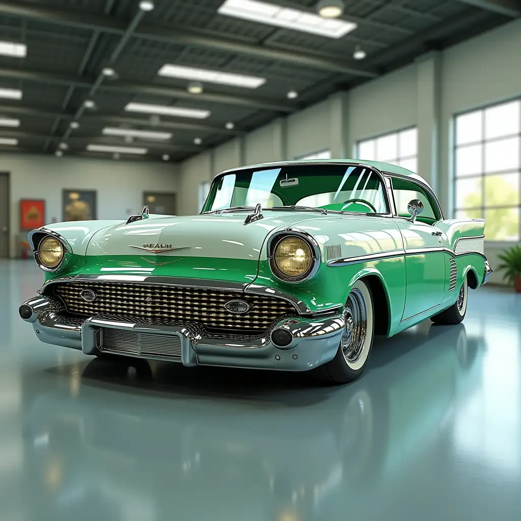 hyper realistic image of a fantastic classic car, conceptual modern design, impala style, large headlights, colored in green and white, Large chrome grille, perspective full-body image of car in showroom, side view