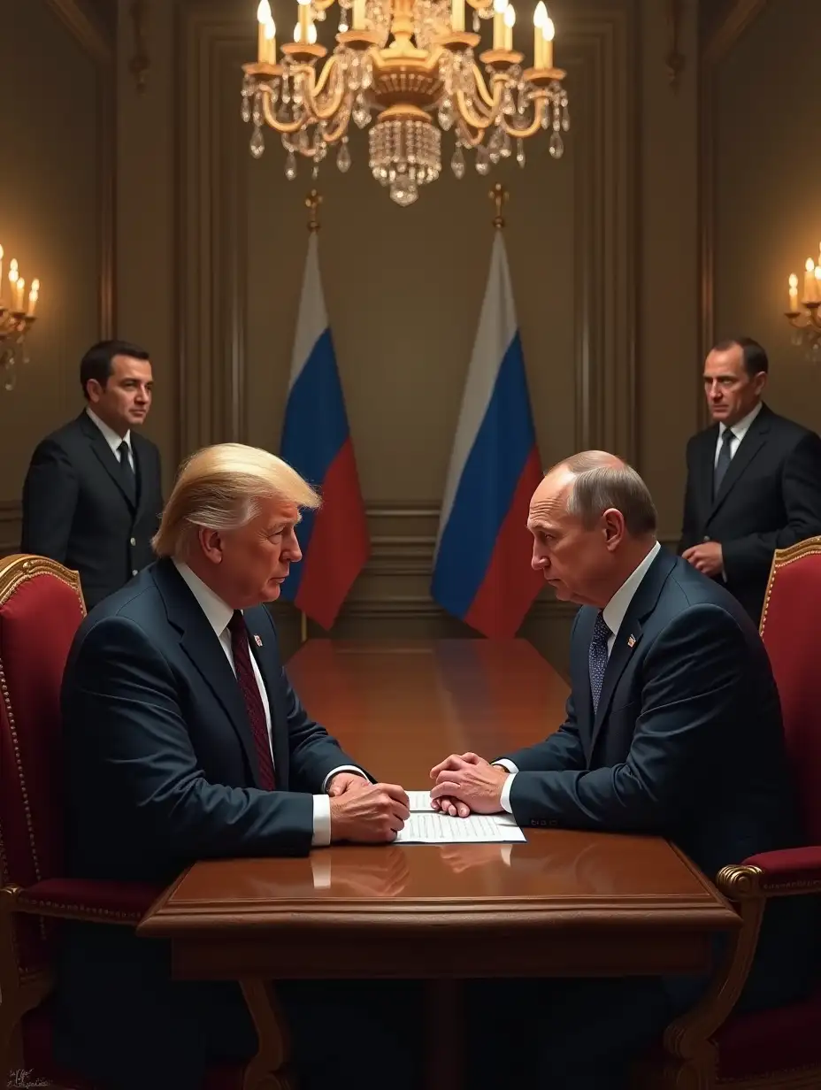 A realistic digital painting of Donald Trump and Vladimir Putin sitting at a grand negotiation table in an opulent conference room. Both leaders are engaged in a serious discussion, leaning slightly toward each other, with confident and composed expressions. Volodymyr Zelensky, the president of Ukraine, sits beside them but is completely ignored—Trump and Putin do not make eye contact with him or acknowledge his presence. The atmosphere is tense yet formal, with dim lighting highlighting the seriousness of the meeting. Background elements include national flags, luxurious chandeliers, and security personnel standing by