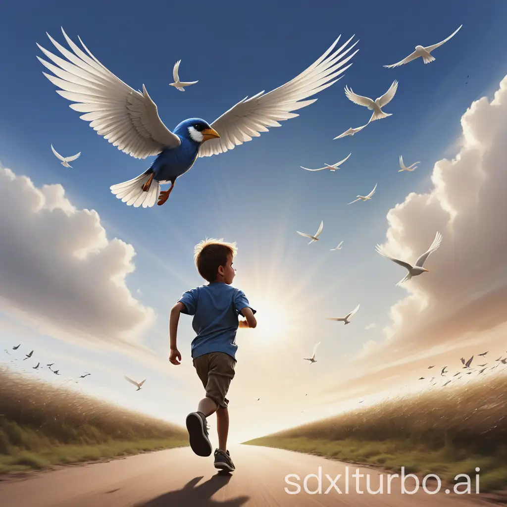 A young boy is runningnHis profile facing the seanBirds soaring on the horizon