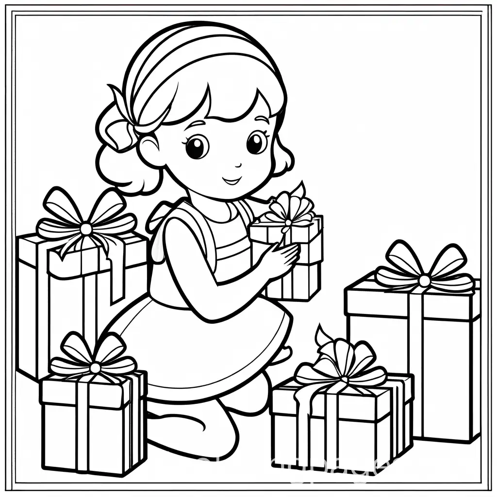 Girl-Wrapping-Gifts-with-Ribbons-and-Bows-in-a-Simple-Coloring-Page