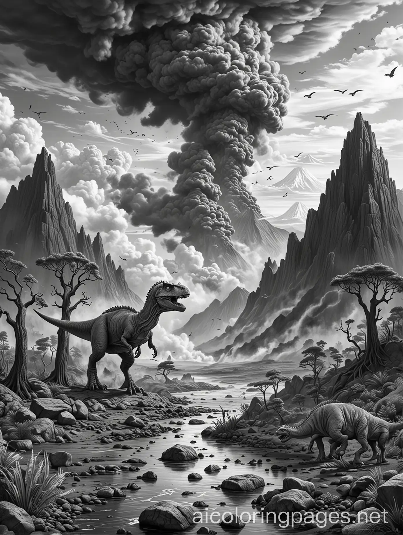 Create a coloring page of dinosaurs against a volcanic eruption backdrop for a children's coloring book. The scene must include the following elements: Scenery: A volcano erupting in the background, with lava flowing and smoke coming out. The environment must be tense and exciting. Dinosaurs: Several dinosaurs in action, some fleeing the lava, others watching the eruption with fear or curiosity. Include dinosaurs of different types and sizes. Details: Add elements like burned trees, rocks flying due to the eruption, and a dark sky with ash clouds. , Coloring Page, black and white, line art, white background, Simplicity, Ample White Space. The background of the coloring page is plain white to make it easy for young children to color within the lines. The outlines of all the subjects are easy to distinguish, making it simple for kids to color without too much difficulty