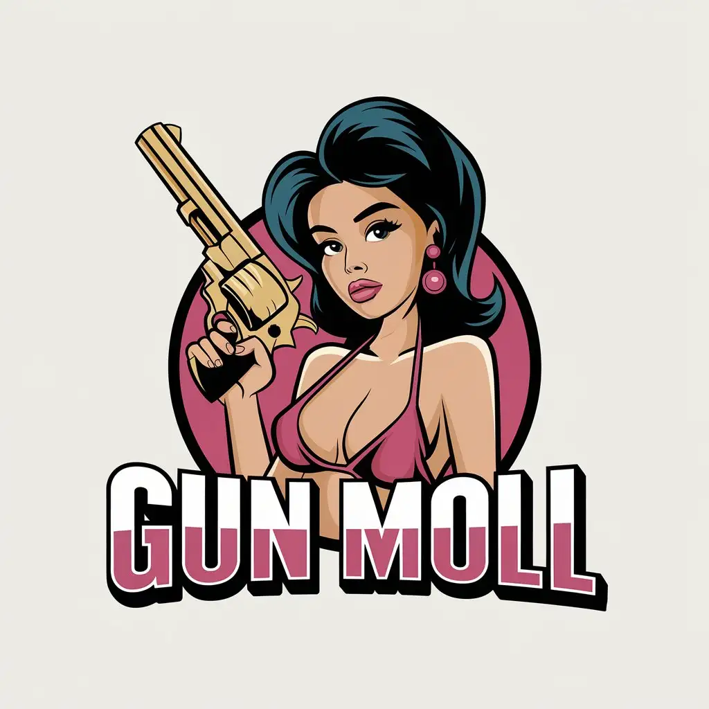 a vector logo design,with the text "Gun moll", main symbol:young very beautiful latin girl beautiful face plump lips two with very big large bra huge bust in pink bikini with big classic gold peacemaker revolver in her hand realistic image,Moderate,clear background