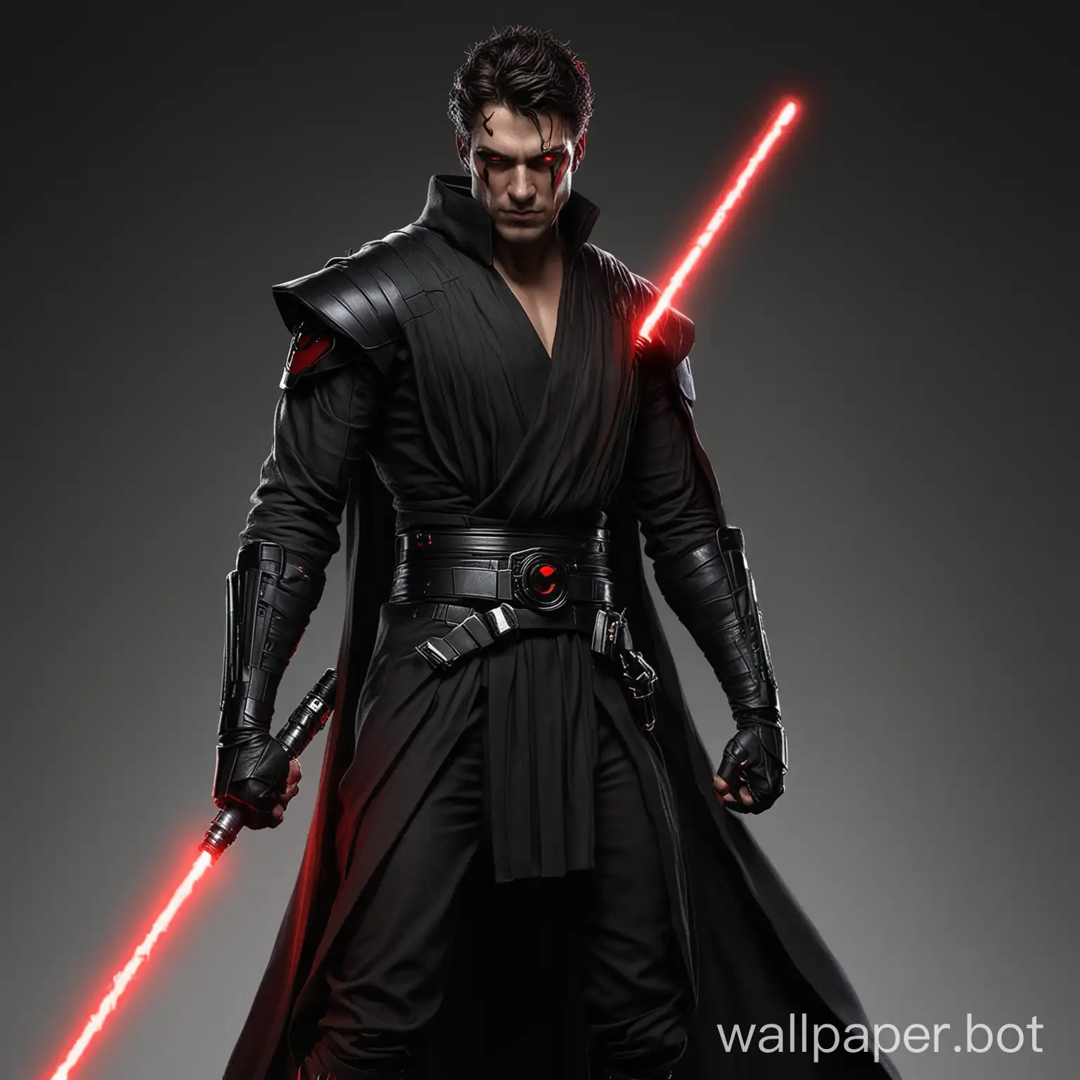 make me a dark lord of the sith with a edgy look, red eyes but well build and muscular, with a handsome face, red lightsaber out and let it seem like he stands above all others.