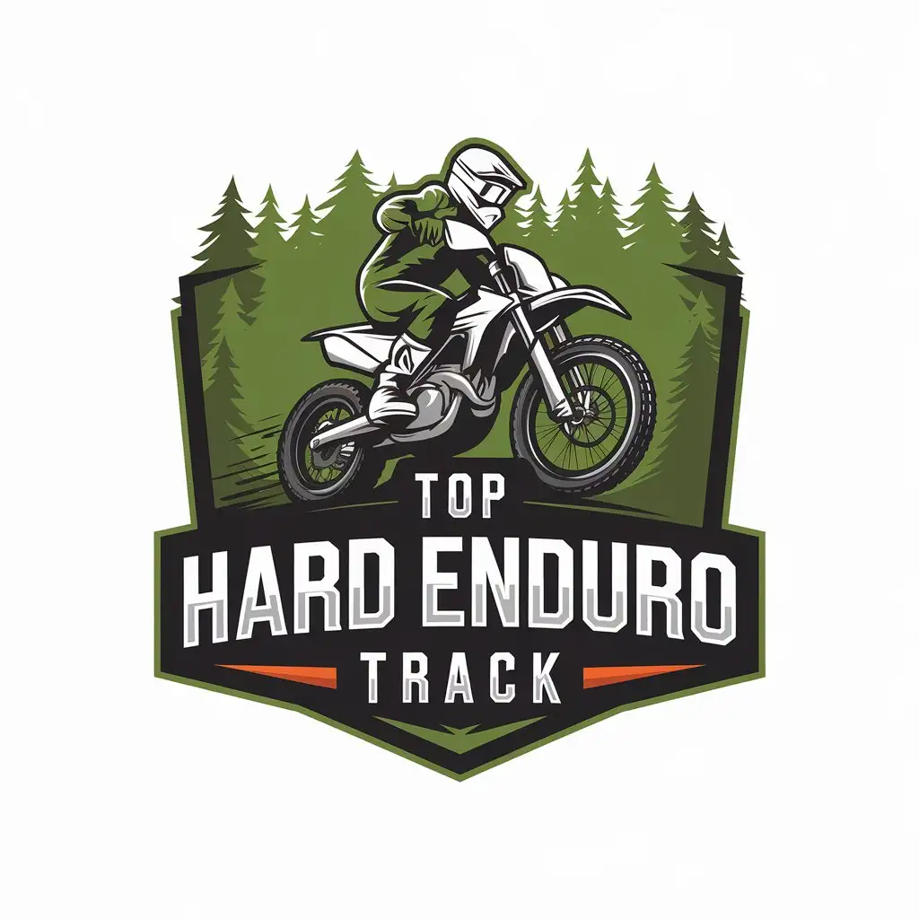 a vector logo design,with the text "Top Hard Enduro Track", main symbol:enduro motorcycles ride through green forest  16:9 format,Moderate,be used in Automotive industry,clear background