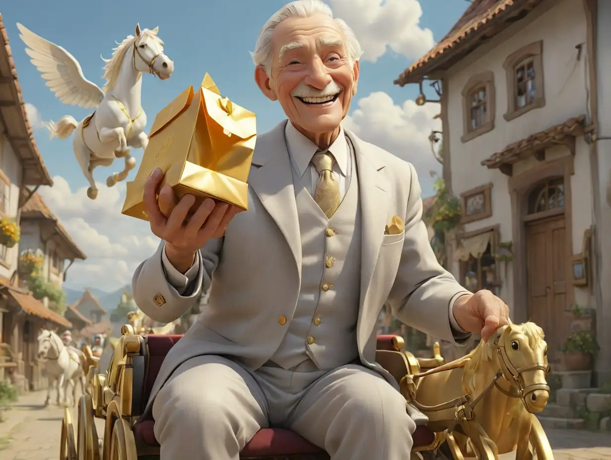 A wide view, the hand of an elderly man in a light gray suit with a kind, wide smile, offering a golden envelope. In the background, there is a golden carriage pulled by a winged white horse, set in the atmosphere of a small village, 3d disney inspire