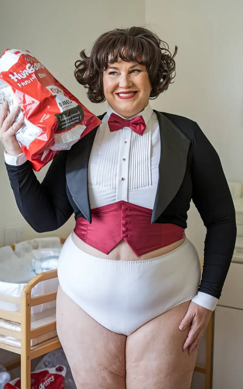 Caucasian-Woman-in-Formal-Tuxedo-Holding-Diapers-in-Nursery