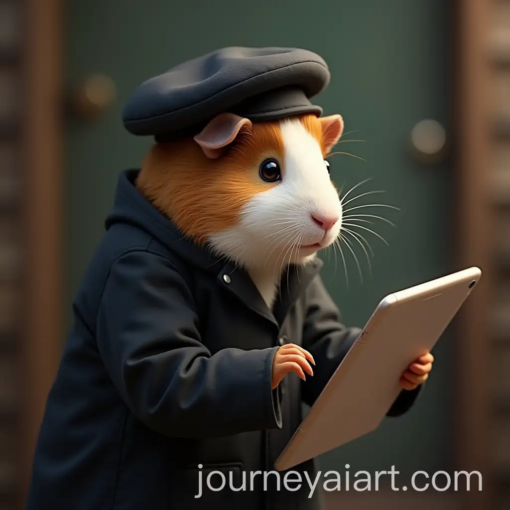 Female-Guinea-Pig-in-Black-Raincoat-with-Beret-Viewing-AI-Presentation-on-Tablet