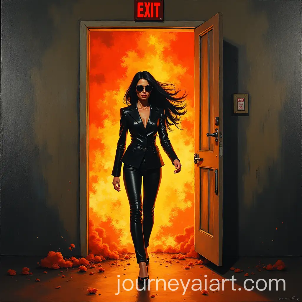 Comical-Woman-in-Black-Leather-Suit-Exiting-Door-with-Fire-Explosion