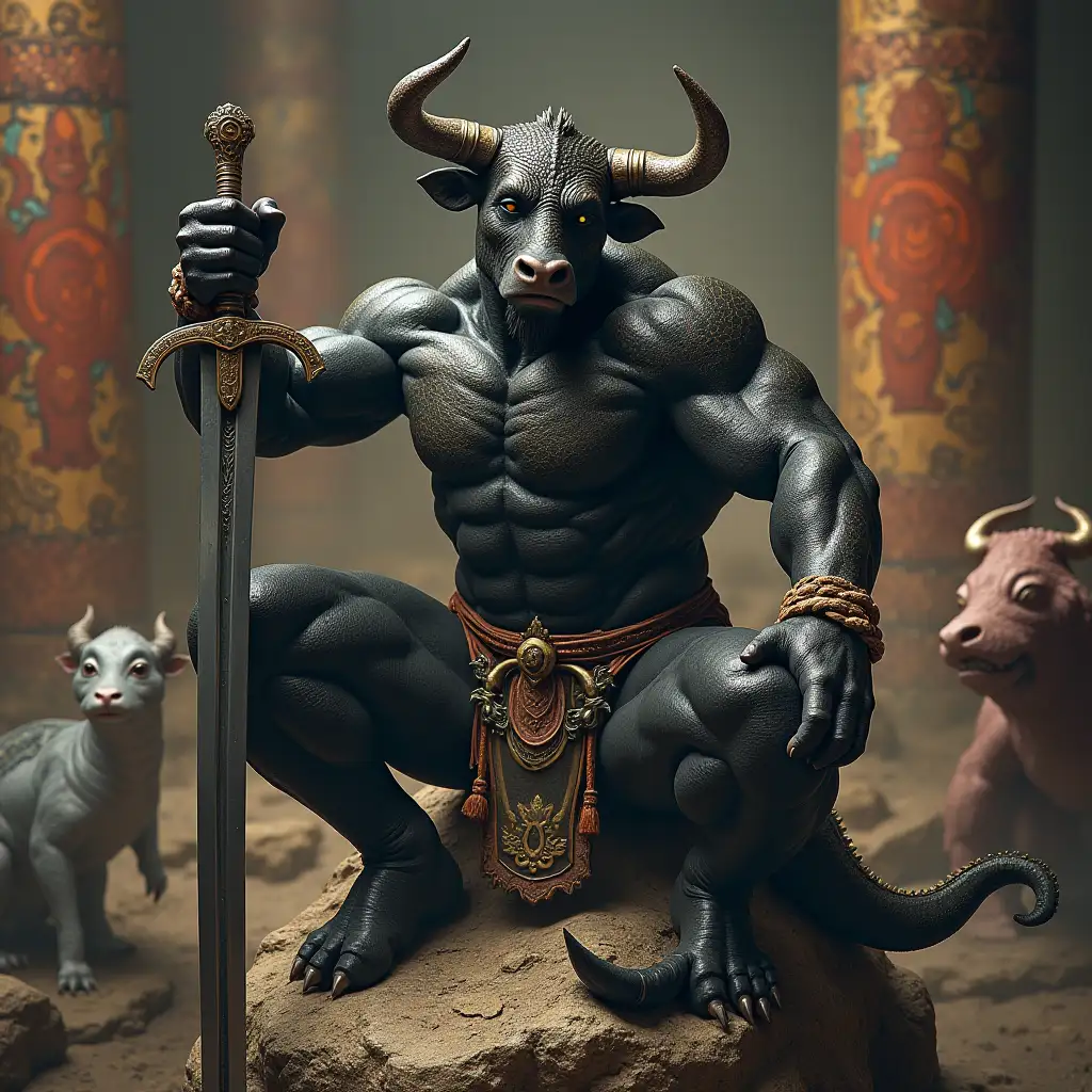 Ultradetailed hyperrealistic portrait blackbrown cow pattern bodybuilder with horns and snake skin, with a sword on a rock in a palace with various strange creatures with elaborately detailed, colorful