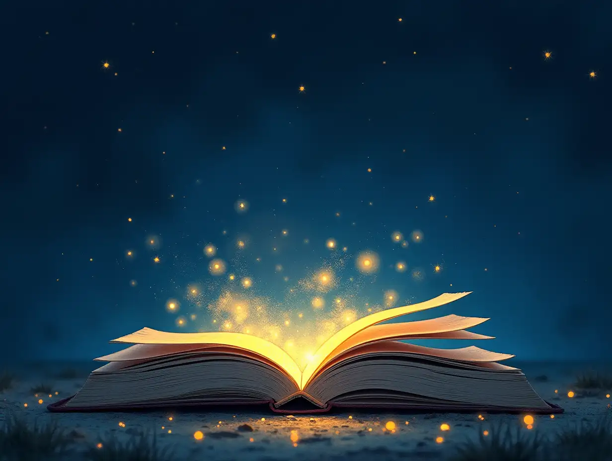 something appearing from a sleek book in the middle of the night surrounded by fireflies and stars. drawing type, sketches in colour