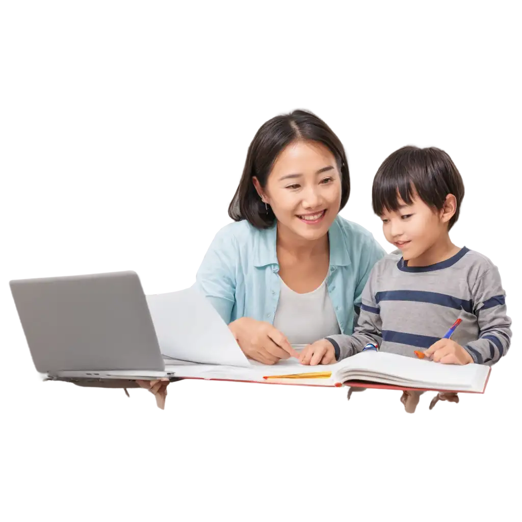 Asian-Mom-and-Kids-Learning-Together-PNG-Image-for-Educational-Illustration