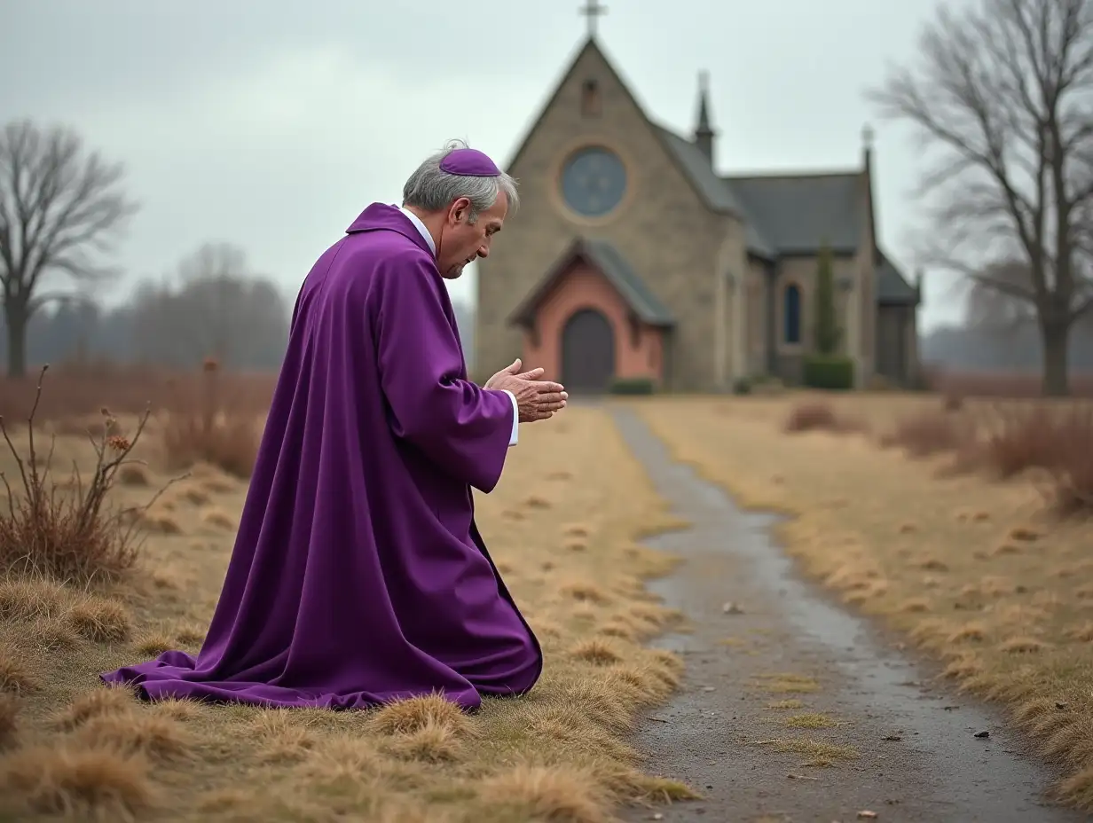 Vicar-Praying-in-a-Desolate-Church-Yard-in-Purple-Robe