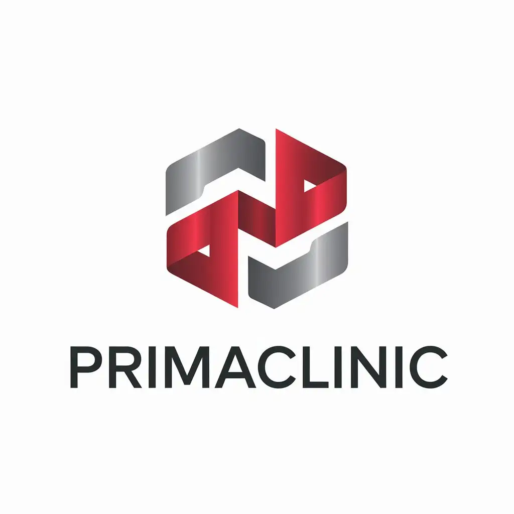 LOGO Design for PRIMACLINIC Intertwined Red Gray 3D Ribbon P with Bold Black Text