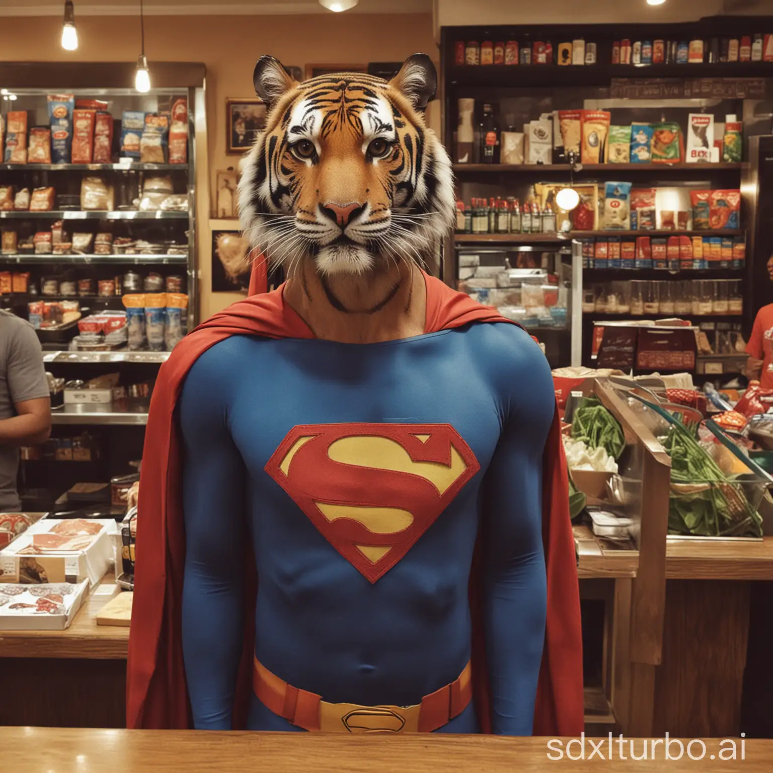 Tiger-in-Superman-Costume-Visiting-Vegetarian-Indian-Restaurant