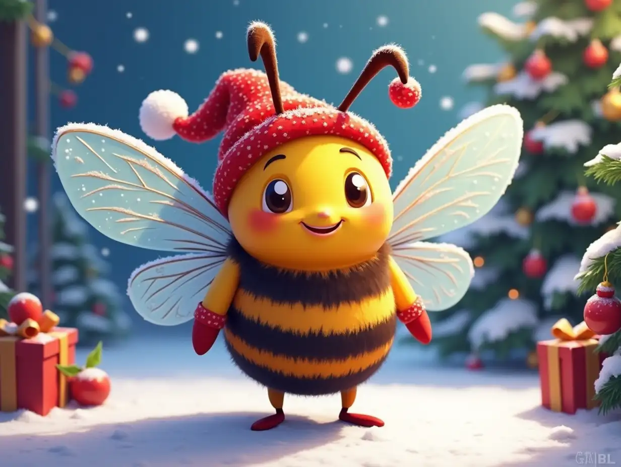 Create a cartoon bee with the nickname 'ubees', which is located in the world of GTA 5. The character should be surrounded by Christmas decorations and a festive atmosphere. The background should include winter elements such as a Christmas tree, garlands and snowflakes. Use bright and festive colors to create a cheerful and festive atmosphere.