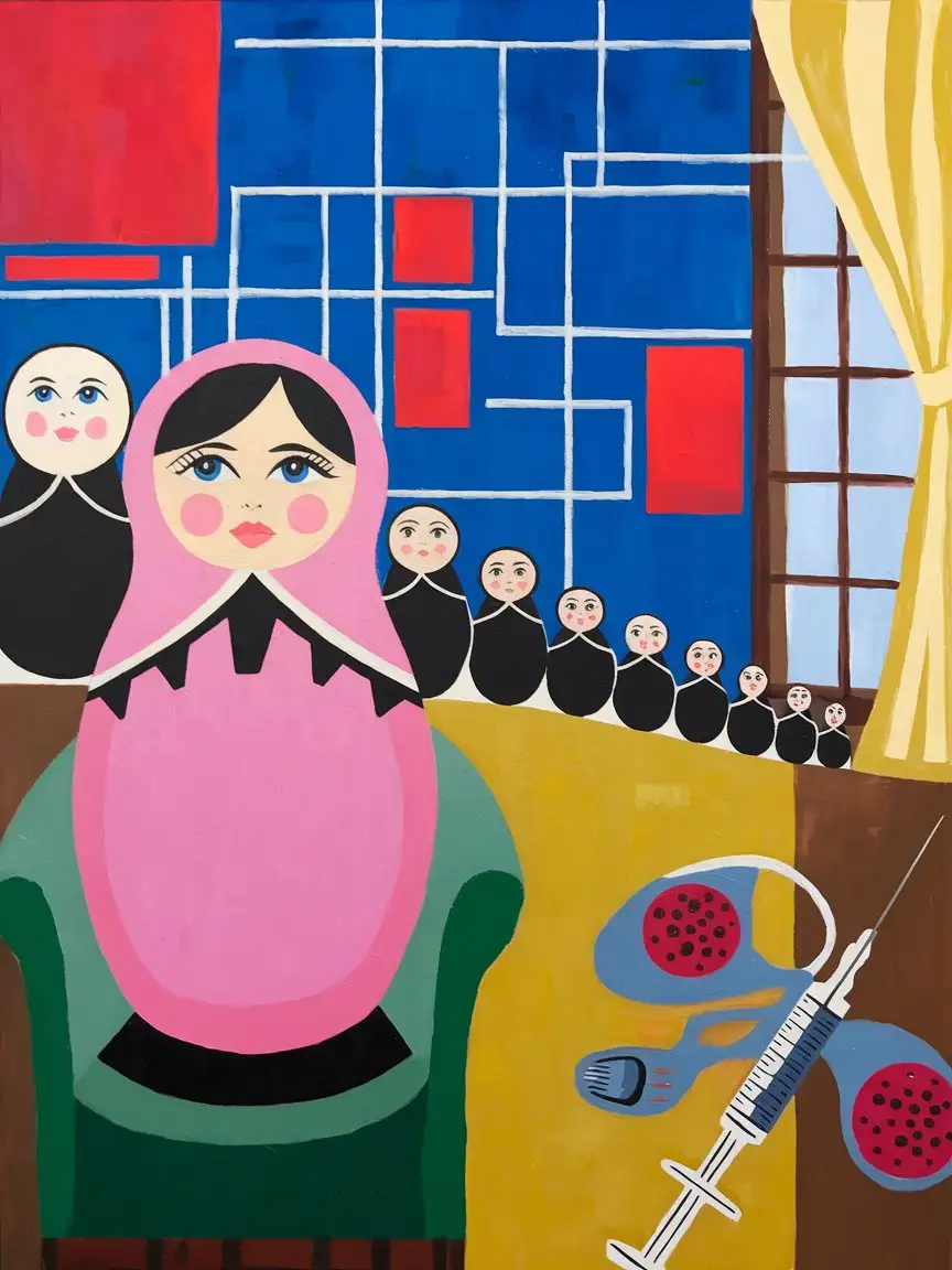 make a painting in the style of Pit Modrian and Yayoi Kusama. cubism, matryoshka, plastic surgery, weight loss, abstraction