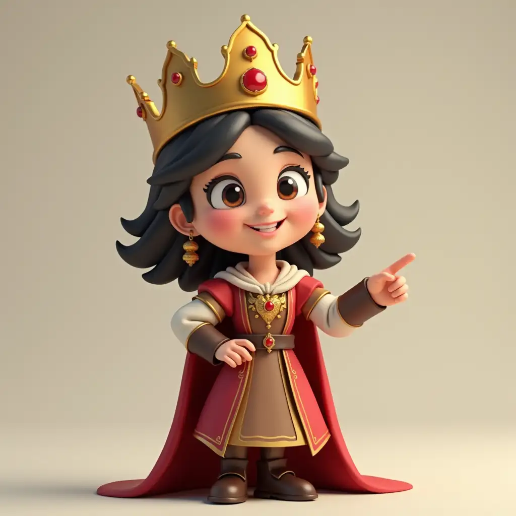 a cartoon 3D medieval chess queen points with her hand to the side with a smile on her lips