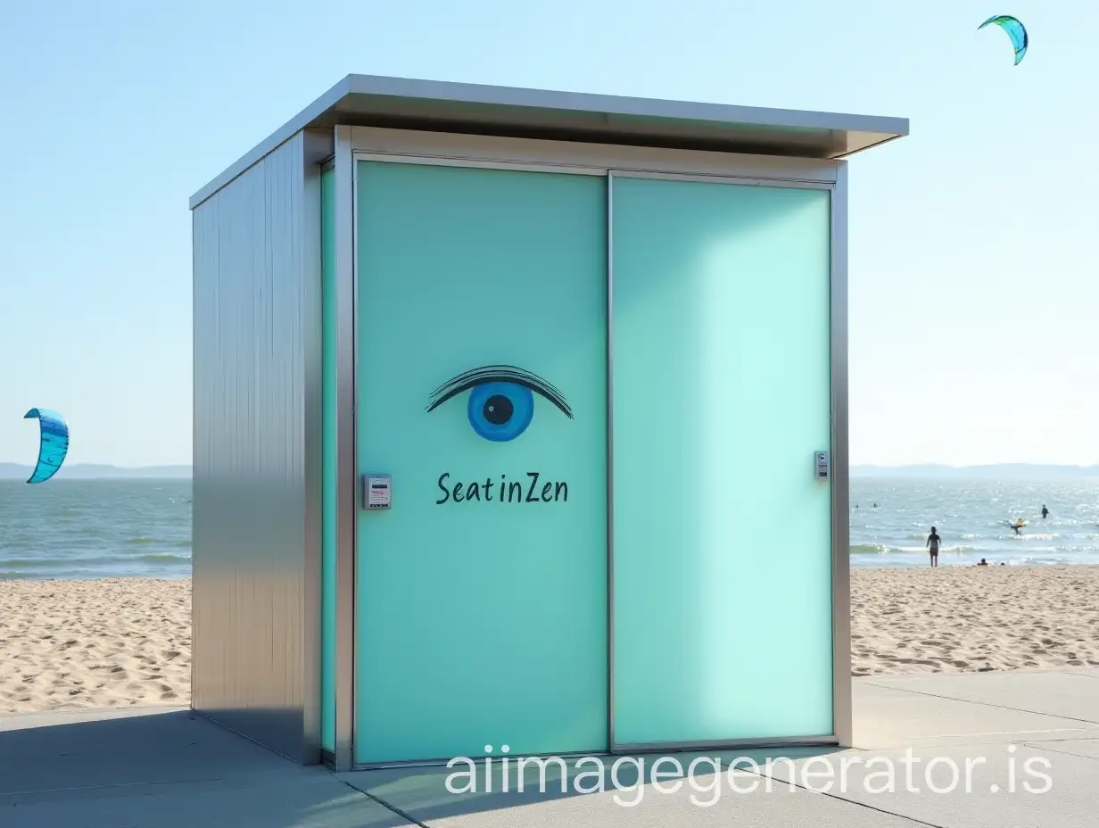 on the beach promenade a three-quarter public toilet, about ten meters away, with an exterior cladding in opaque turquoise blue glass. a canopy in stainless steel. on the sliding door, half-open, a drawing of an eye with a blue iris and below it written Seat·In·Zen. on the side of the door, on the siding, a contactless card reader. in the background, on the beach surfers and kites.