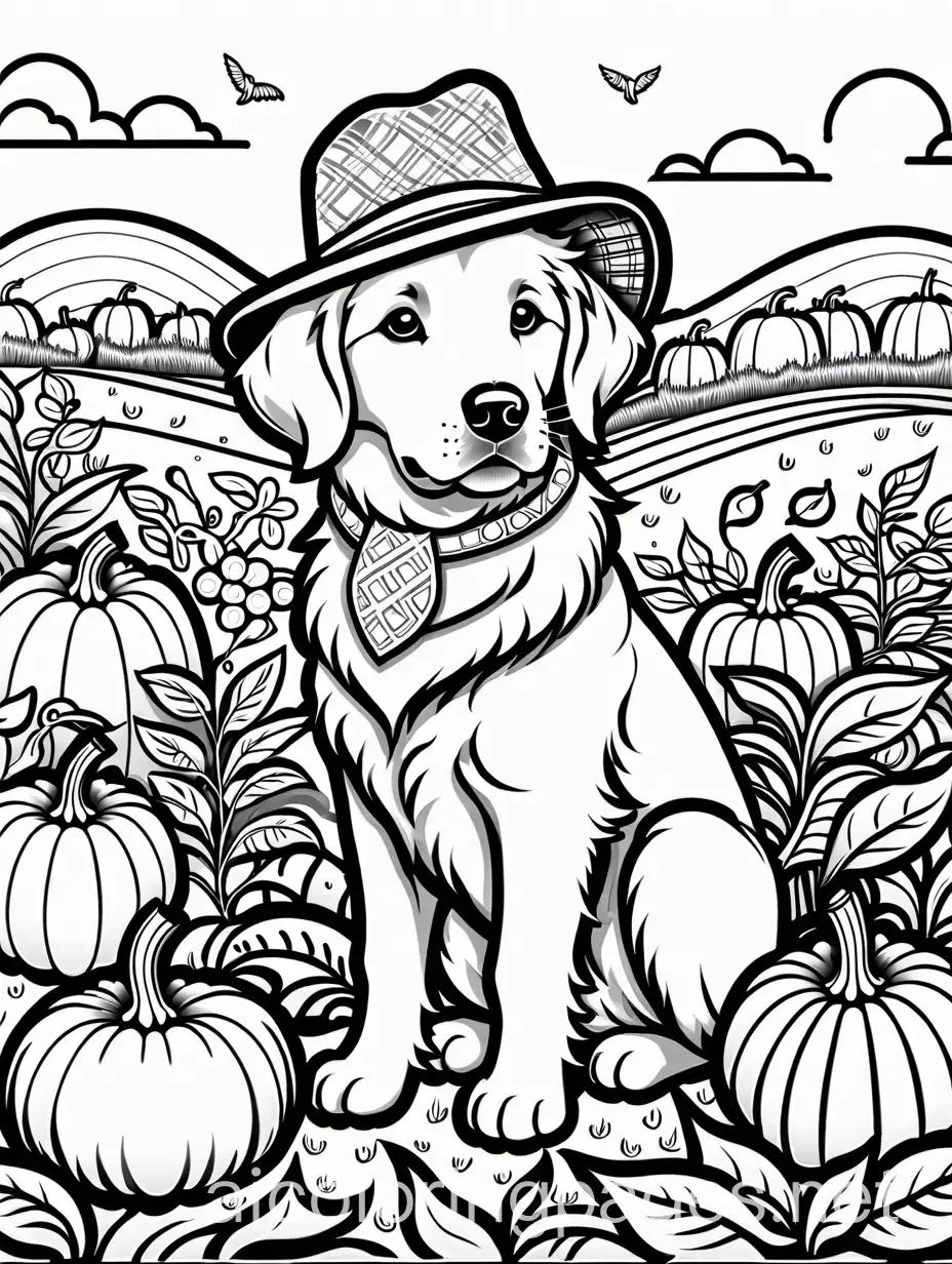 Golden-Retriever-Puppy-in-Scarecrow-Costume-in-Pumpkin-Patch-Coloring-Page