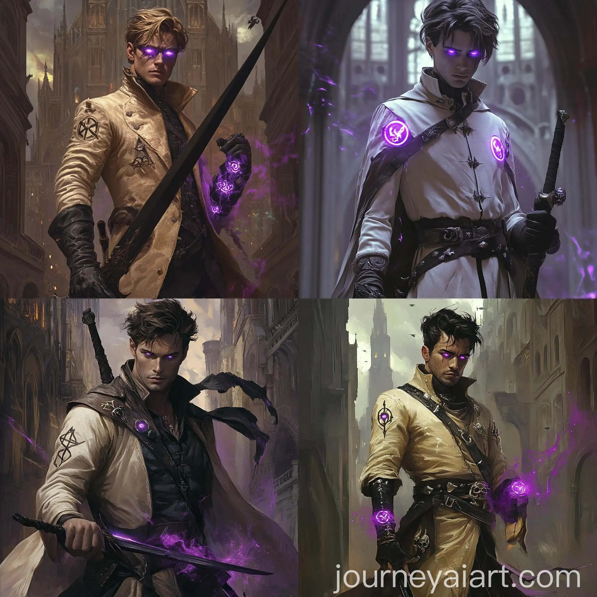 Gothic-Building-with-Modern-Man-Holding-Black-Sword-and-Glowing-Purple-Eyes