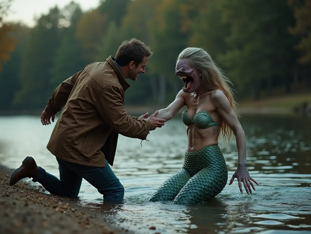 An grown man in an autumn jacket, digging his feet into the sand, is pulling with all his might on the hand of a mermaid from the river. The mermaid is angry, resisting and trying to bite the man's hand. The body of the mermaid is: beautiful, sexy and naked. Her head resembles a woman's head with long hair. But the face of the mermaid is frightening: a wide open mouth with sharp teeth, almost no nose, protruding eyes like a fish, but very far apart from each other. Background: forest, river. Time of day - late evening.