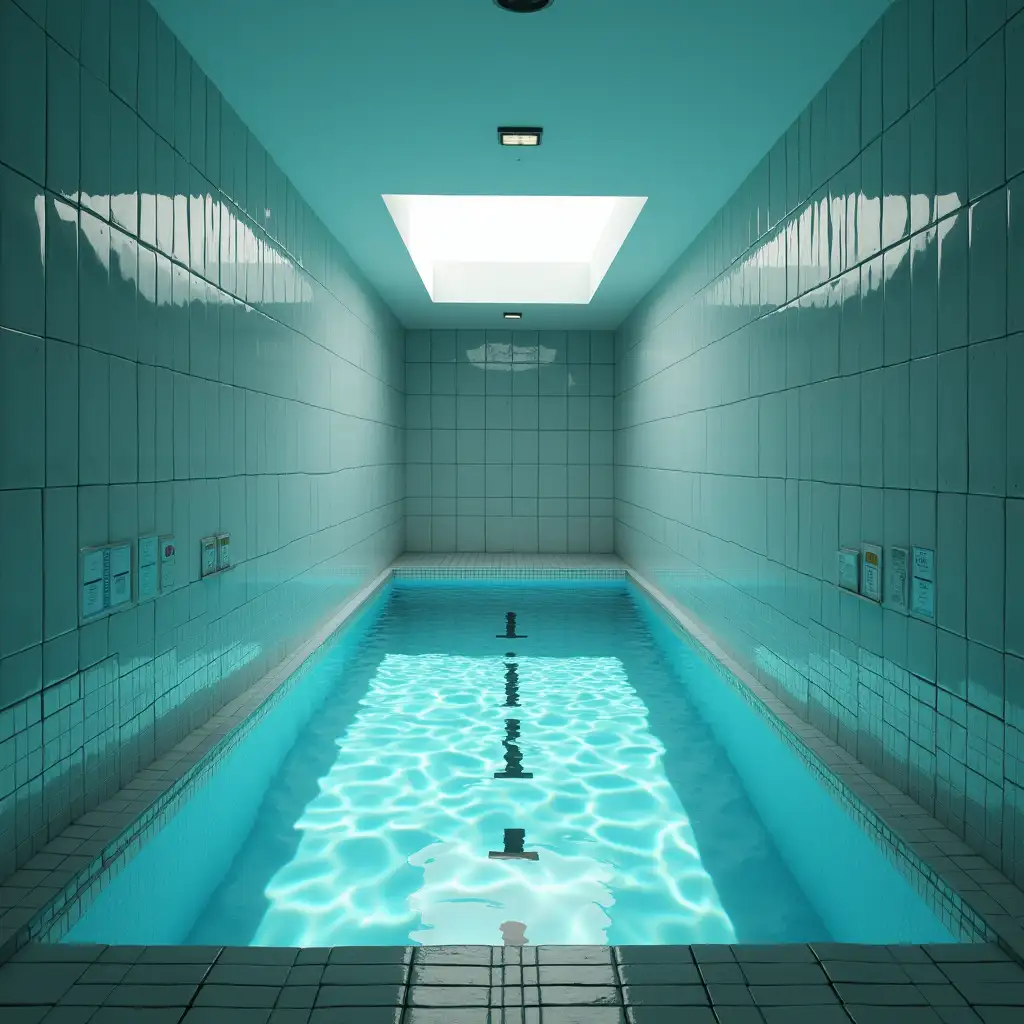 A liminal pool space. Only two elements make up the decor: water and tile for the floor, walls, and ceiling. The atmosphere is quite anxious but one feels safe here. There is even a feeling of nostalgia. There is no source of light but it is bright. The water looks very clean.