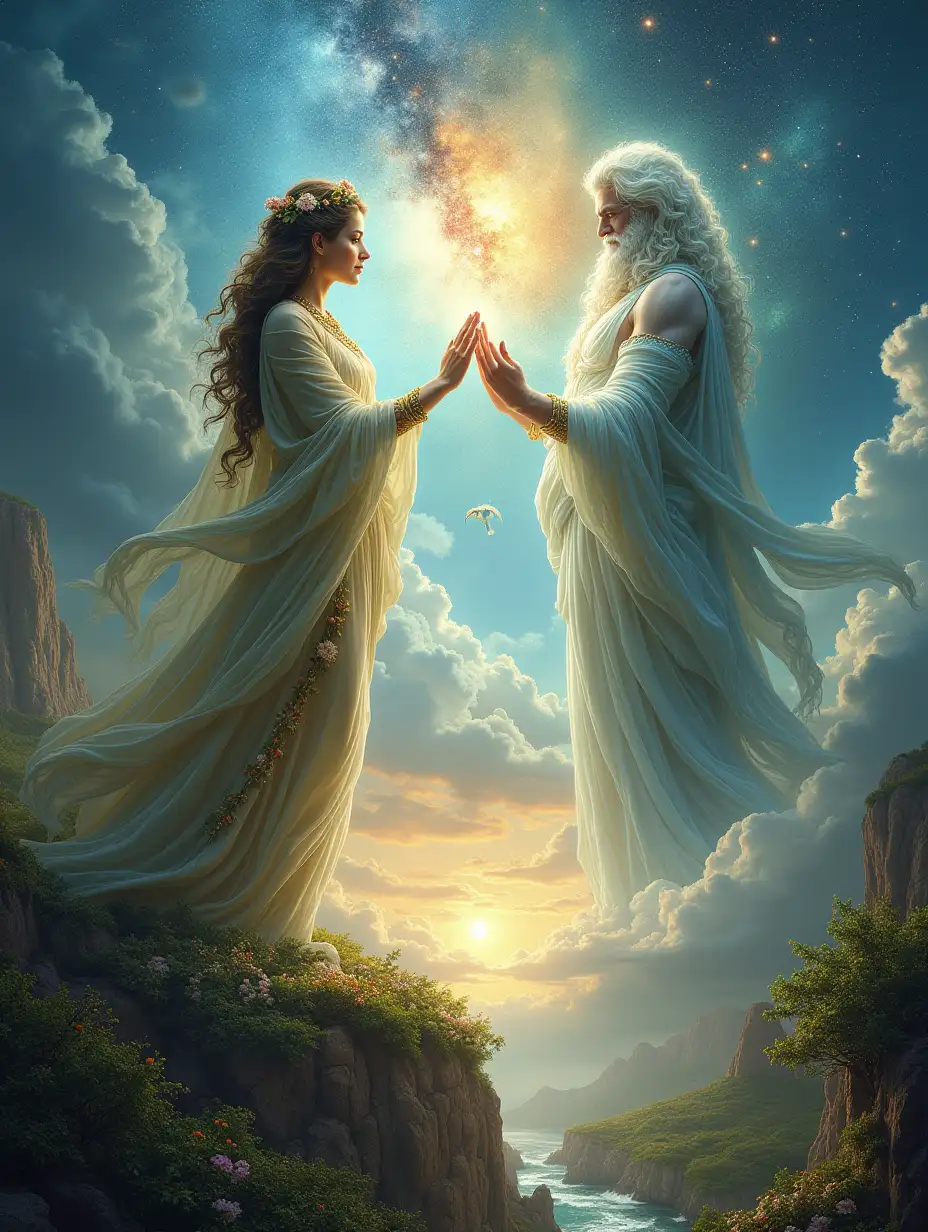 A majestic depiction of Gaia, Mother Earth, and Uranus, the Sky, joining together to create the first primordial entities in Greek mythology. Gaia is portrayed as a nurturing figure with lush greenery and flowers surrounding her, blending seamlessly with the earth. Uranus is depicted as a vast and celestial figure, with shimmering stars and clouds flowing around him. The two are shown in harmonious union, with light emanating from their connection. Emerging from this union are ethereal figures, symbolizing the first creations, set against a background of the cosmos blending with lush landscapes. The atmosphere is divine, vibrant, and full of life