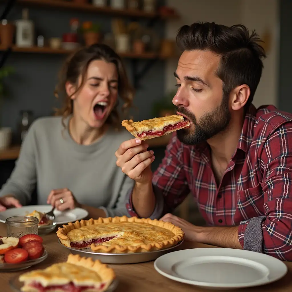 Man-Eating-Pie-While-Woman-Yells-in-the-Background