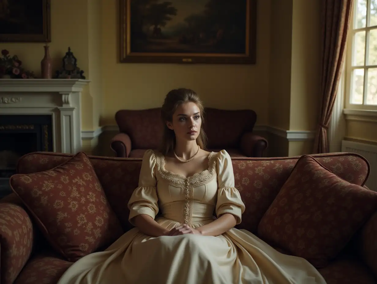 A woman in Victorian clothing sits on a couch in the living room