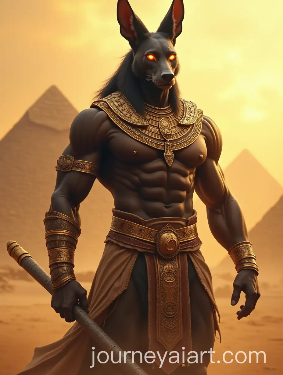 Muscular-Anubis-Warrior-with-Golden-Armor-in-Front-of-Pyramids