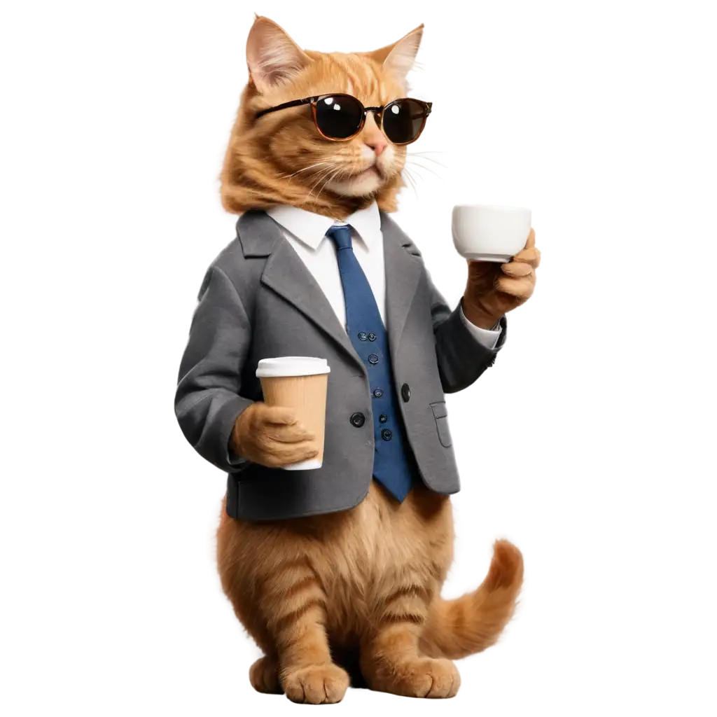 a cat wearing sunglass,sipping coffee from mug 