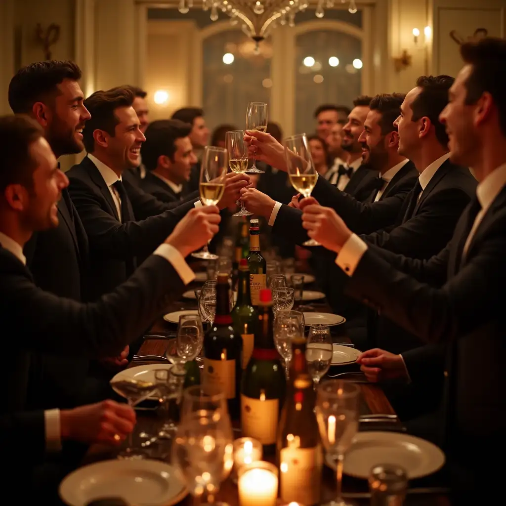 Elegant Christmas Celebration with Dancing Gentlemen and Fine Wines