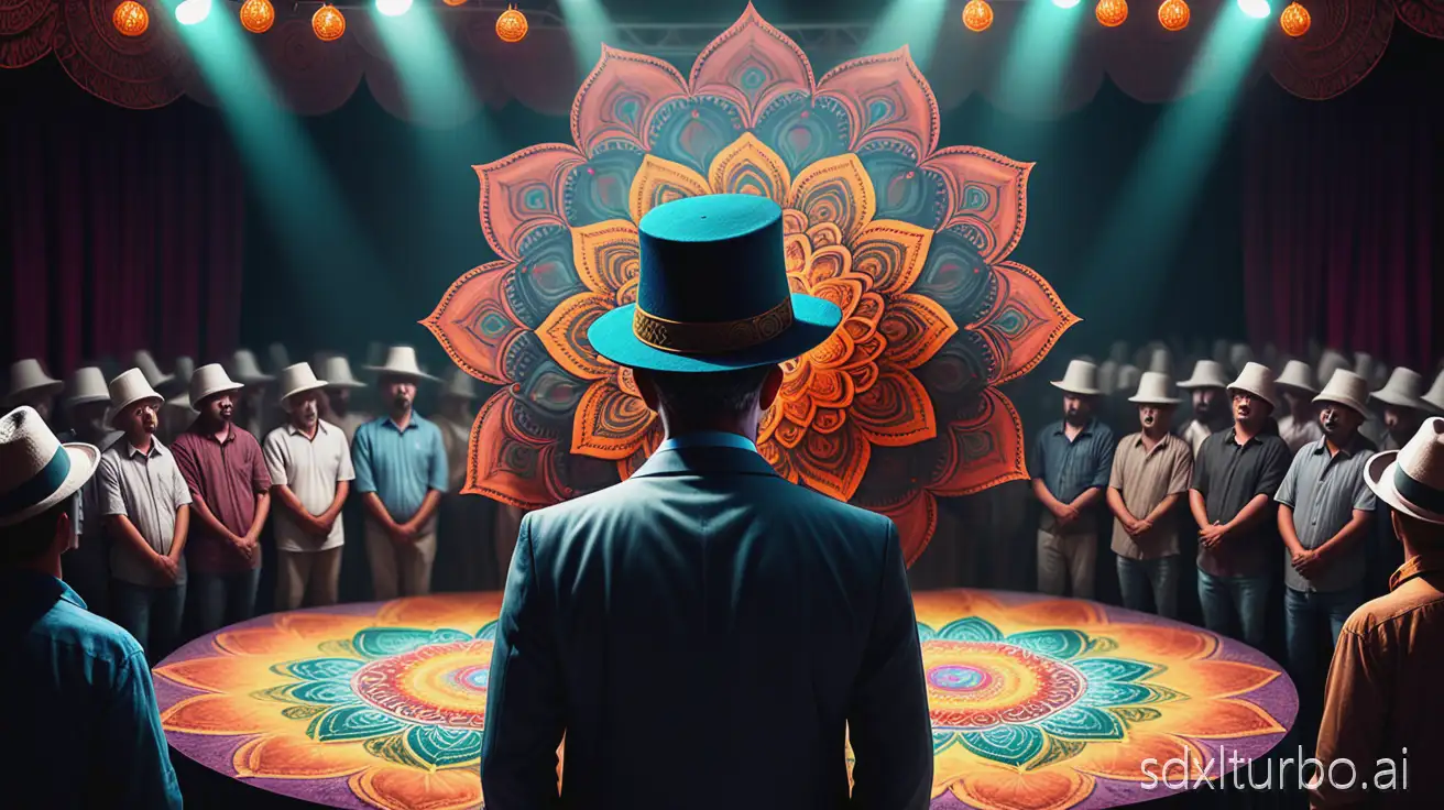 Photograph of An eerie salesman with a funny hat on stage looking at a group of dull people, huge mandala in the back, lights on stage, realistic, highly detailed