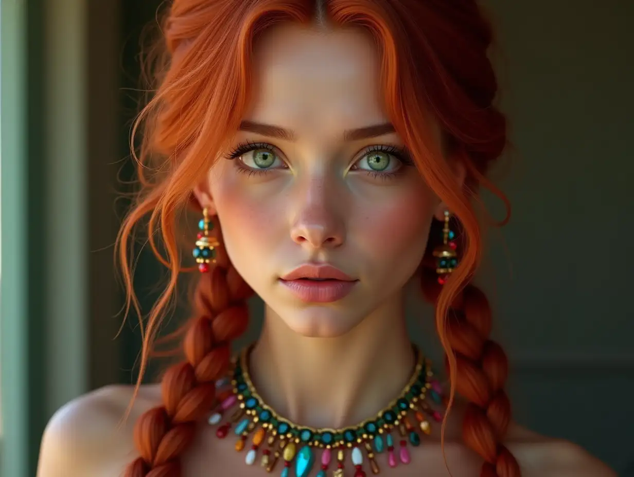 A very detailed photorealistic photo of a woman with red braids, green eyes and a necklace with colorful ornaments in 8K resolution bright shot